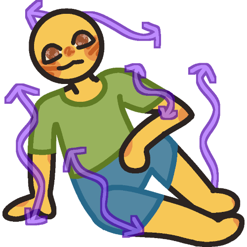 A yellow person wearing a green shirt and blue pants is sitting casually, leaning back on one arm and the other draped over their knee, a smile on their face. Surrounding them are five purple wavy translucent arrows.